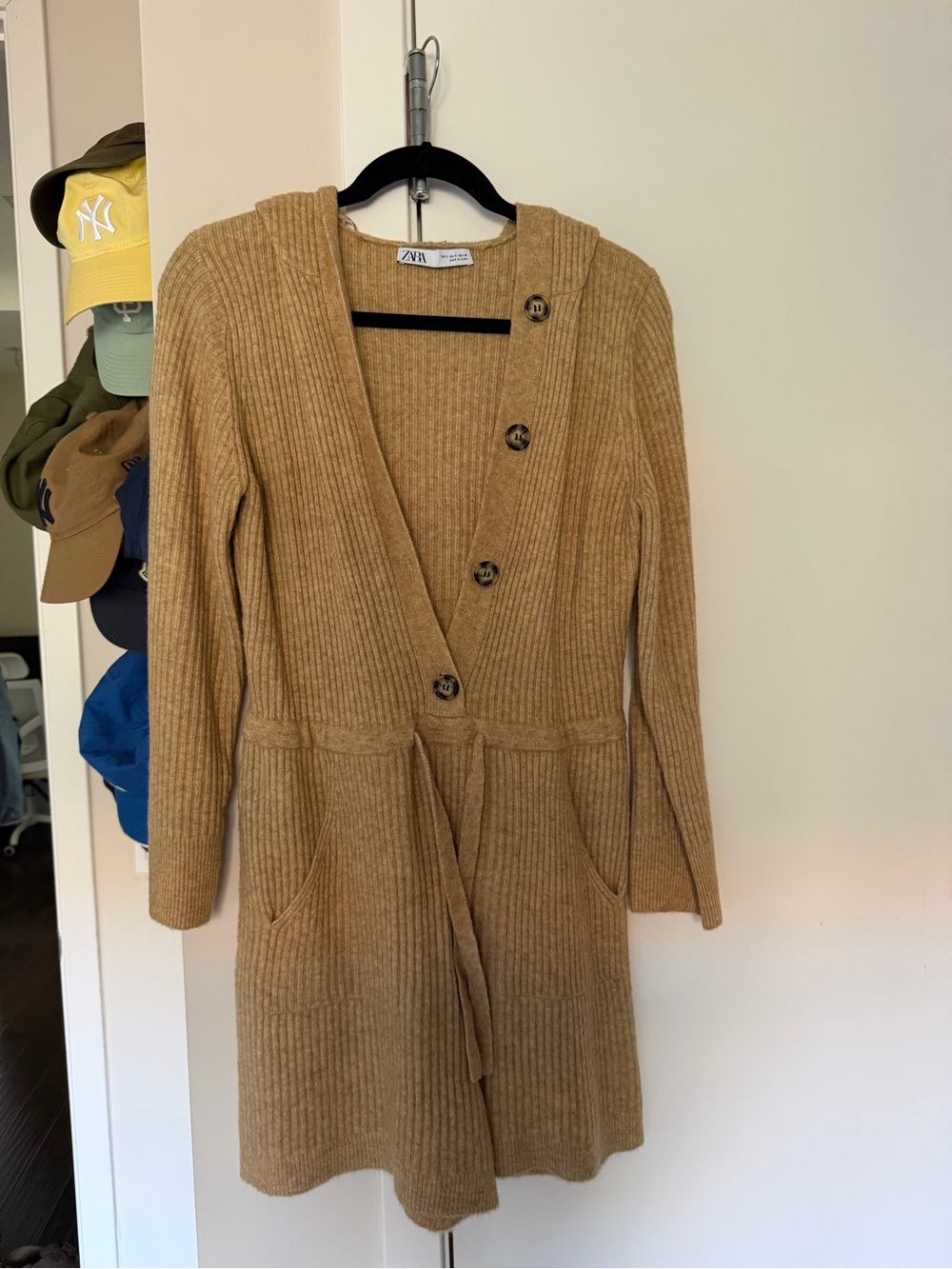 Zara Ribbed Knit Button-Front Cardigan Romper- Camel